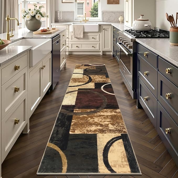 Yamaziot 2x6 Washable Modern Abstract Runner Rug Non-Slip for Hallways | Stain Resistant Kitchen Rug with Rubber Backing, Low Pile, Ultra Soft Carpet Runner for Bedroom, Laundry, Entryway, Brown