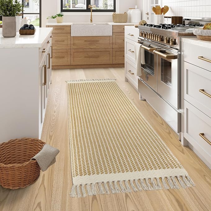 Lahome Boho Bathroom Runner Rug, 2x6 Washable Rugs for Laundry Room | Woven Cotton Throw Carpet with Tassels, Farmhouse Decor Non Shedding Lightweight Low Pile Mats for Hallway Entryway, Khaki