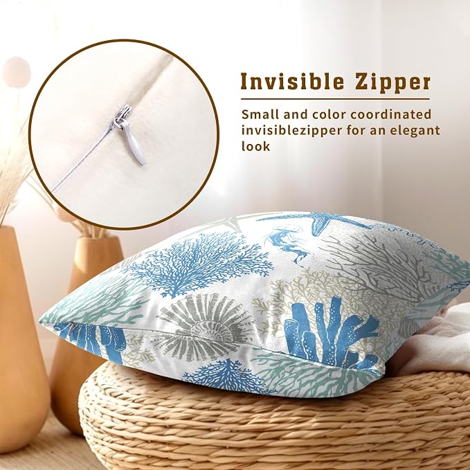 Coastal Nautical Throw Pillow Cover 18x18 inch Set of 2 Beach Themed Sea Coral Nautical Blue Pillowcases Ocean Summer Cotton Cushion Covers for Bed Sofa Room Decor