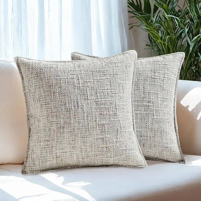 HAUSSY Pack of 2 Chenille Tweed Throw Pillow Covers 18x18 Inch, Crey