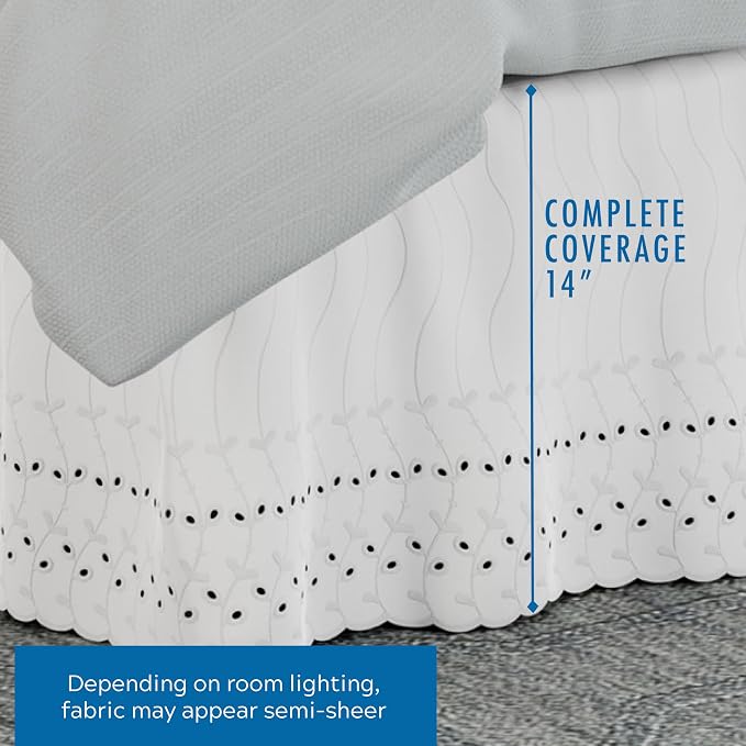 Fresh Ideas Eyelet Bed Skirt, Ruffled Design, 14 Inch Drop, Embroidered Scalloped Edge, Full, White