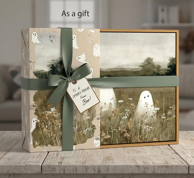 Framed-Halloween Ghost Canvas Wall Art-16x24in | Vintage Wildflowers Cute Ghost Picture Poster Print.Halloween Wall Decor for Bedroom Living Room Bathroom