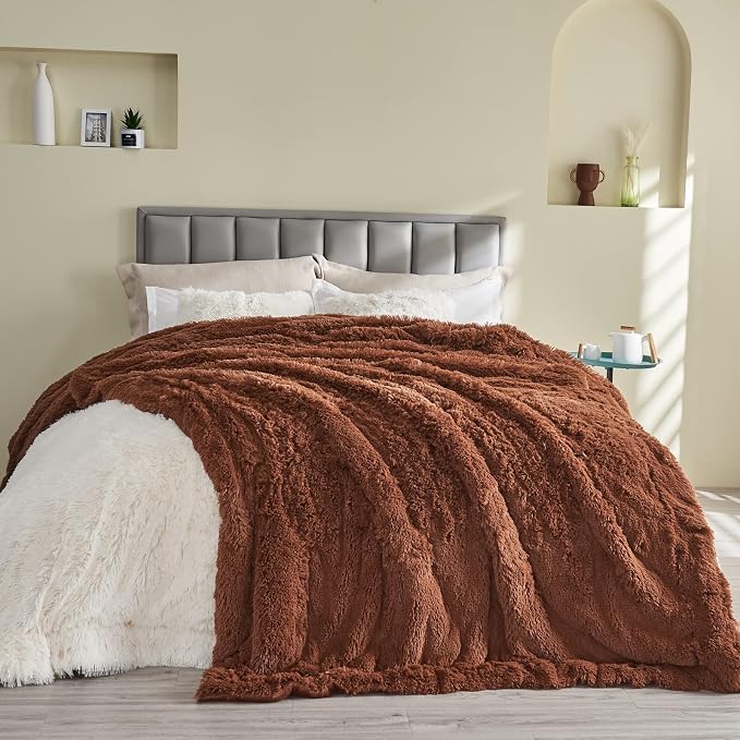 GONAAP Fuzzy Faux Fur Queen Blanket for Couch, Coffee, 90"x90" | Warm Cozy Plush Shaggy Decorative Reversible Thick Non-Heated Fleece Blanket for Sofa Bed, Gift for Women Men, All Season Use