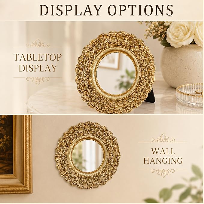 Golden Mini Vintage Mirror with Exquisite Relief Elegant Wall Decor for Bedroom Dresser Table Compact Resin Retro Design (Gold Round, 5X5)