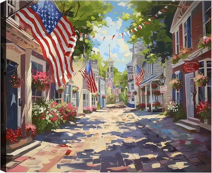Framed Patriotic Small Town USA Wall Art, American Flag Street Canvas Art Pictures, Vintage Main Street Wall Decor for Living Room Entryway Dining Room, Ready to Hang Made in USA