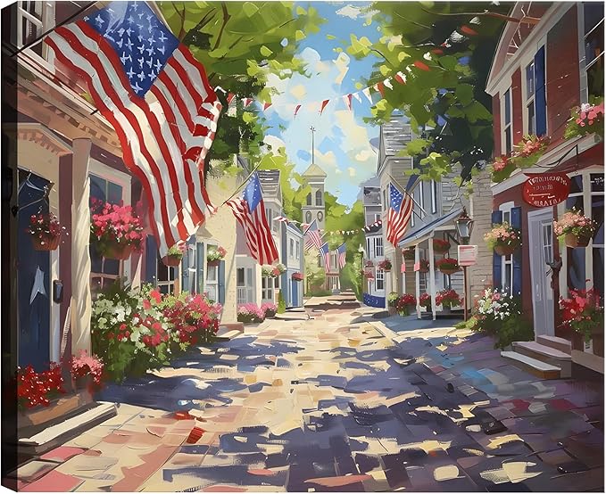 Framed Patriotic Small Town USA Wall Art, American Flag Street Canvas Art Pictures, Vintage Main Street Wall Decor for Living Room Entryway Dining Room, Ready to Hang Made in USA