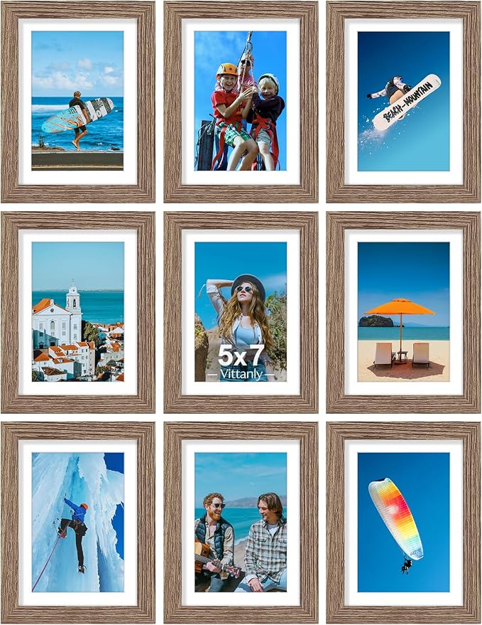 Vittanly 5x7 Picture Frames Set of 9 for Wall Mount or Tabletop, Dark Oak | Display Pictures 4x6 with Mat or 5x7 without Mat, Small Photo Frames, Engineered Wood with Shatter Resistant Plexiglass