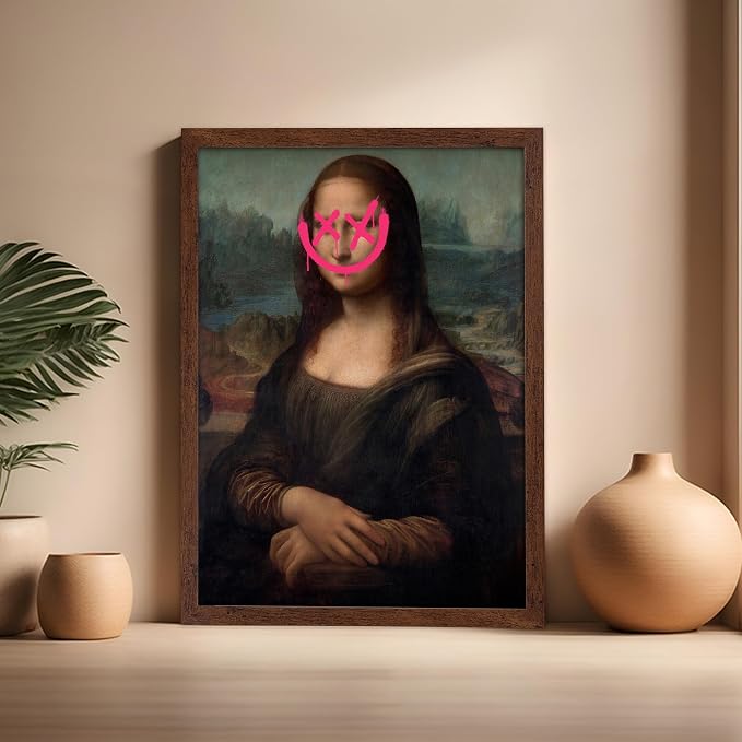 Poster Master Mona Lisa Painting Poster - Smile Face Print - Altered Art - Pop & Defaced Art - Gift for Men & Women - Minimal Decor for Office, Bedroom or Living Room, 16x20 Brown Framed