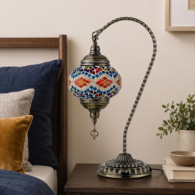 GOGERS Swan Neck Turkish Moroccan Lamp Handmade Stained Mosaic Glass Vintage Lamp Shade Bohemian Tiffany Style Bedside Night Lamp Lighting for Bedroom Living Room (Colorful)