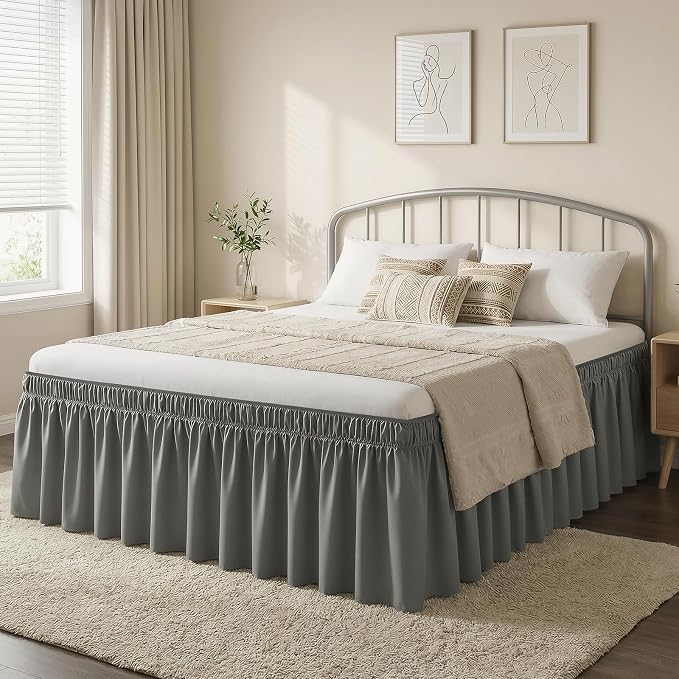 Vocander Dark Gray Queen Bed Skirt 16 Inch Drop, Elastic Wrap Dust Ruffle | Hides Underbed Storage, No Mattress Lifting, Elastic Stays Put, Soft Fabric, Machine Washable, Polished Look
