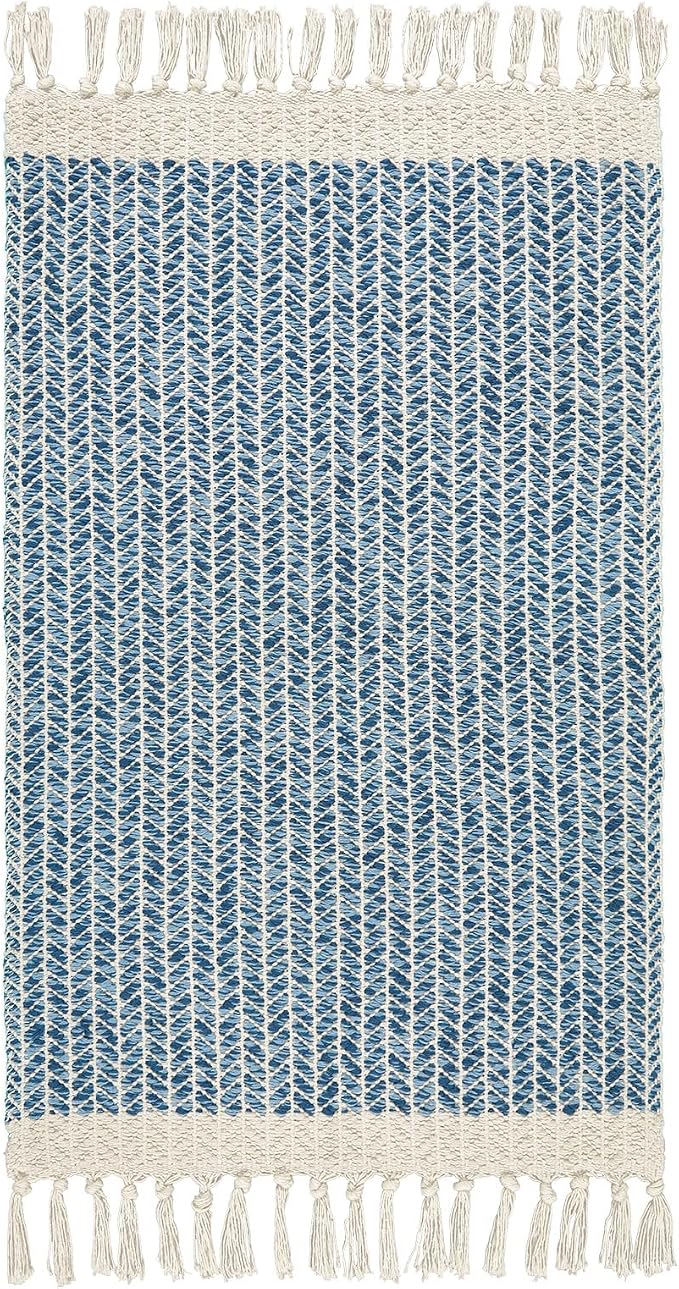 Lahome Boho Bathroom Rugs, Small 2x3 Front Door Mat for Kitchen, Washable | Indoor Entryway Area Rug Woven Cotton with Tassels, Farmhouse Non Shedding Blue Throw Low Pile Carpet for Bath Entry Laundry