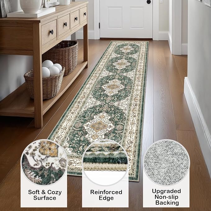 AooHHooA Boho Washable 2x8 Runner Rugs Green Non Slip Low Pile Vintage Runner Rug, Stain Resistant Soft Faux Wool Runners for Hallway Laundry Entryway Bedroom