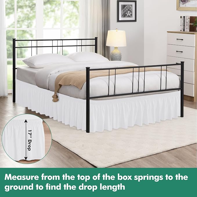 Wrap Around Full Size Bed Skirt Split Corners 17" Drop-Elastic Dust Ruffle | White Adjustable Pleated Bedskirt-Easy Fit Wrinkle Resistant Washable Bed Skirting-Hotels Apartment Guest Bedroom Bed Posts