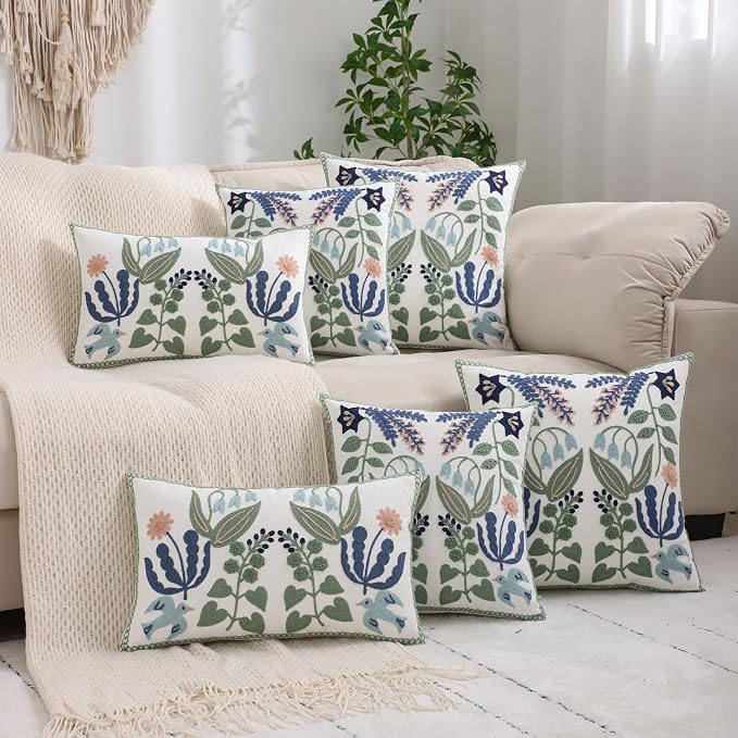 Embroidered Throw Pillow Covers 16x16 inch Set of 2 Blue Birds | Durable Fabric,Square Pillow Cover,Boho Decorative,Hidden Zipper,Aesthetic Design,Ideal Gift,Machine Washable