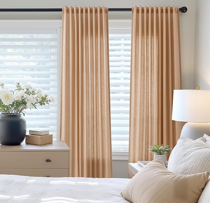 Extra Long Linen Curtains 108 Inches for Living Room Back Tab Semi Sheer High Floor to Ceiling 9ft Light Filtering Curtain Boho Farmhouse Decor Window Drapes for Bedroom 2 Panels Camel