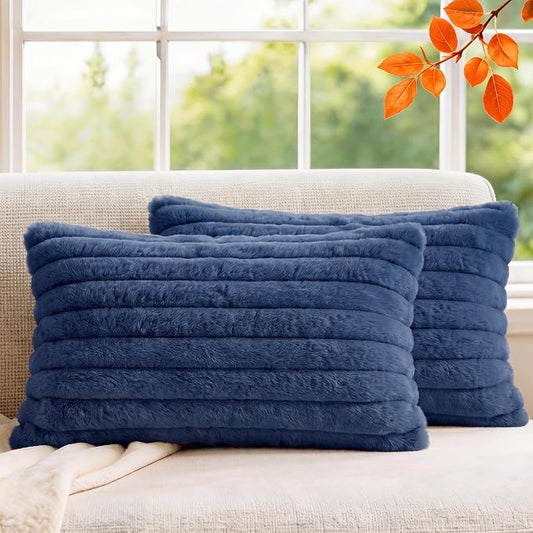 Pack of 2 Throw Pillow Covers 20x12 Decorative Solid Plush Faux Fur with Soft Velvet Back, Square Striped Cushion Cases Modern Farmhouse Home Decor for Living Room Couch Sofa Bed Navy Blue