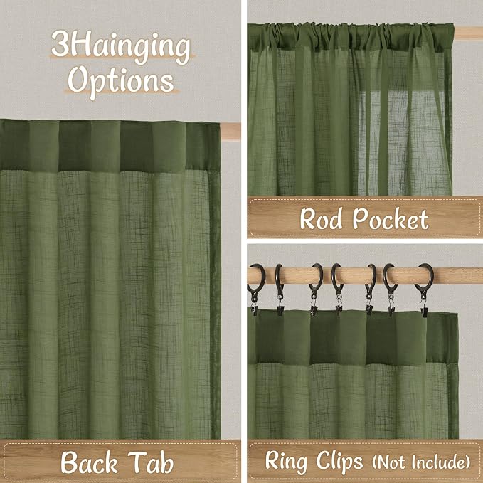 Semi Sheer Linen Curtains 48 Inch Length 2 Panels Set, Olive Green | Short Kitchen Curtains, Light Filtering Panels, Window Drapes for Bathroom, Small Windows, Back Tab Rod Pocket, 34 x 48 Inch