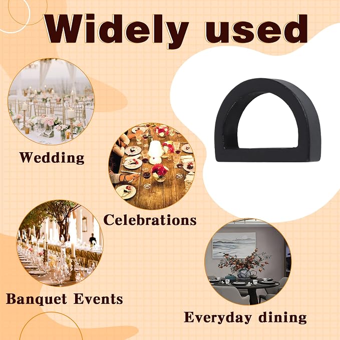 Yagoo Napkin Rings Set of 6, Wood Semicircle Napkin Holder(Black) | Handcrafted Wood, Reusable,Keeps Napkins Neat, Elegant Table Decor for Dinner, Party and Holiday