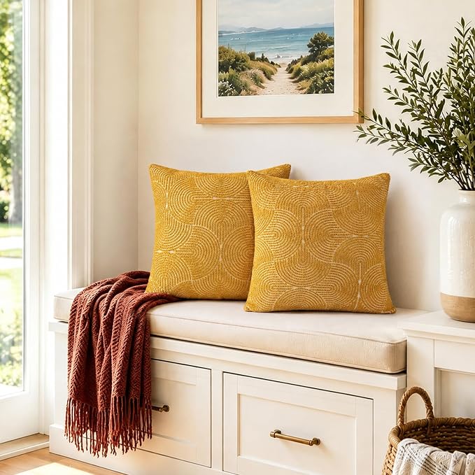 AELS Boho Decorative Textured Throw Pillow Covers 20x20, Organic Modern Mid Century Rainbow Tufted Pillow Case, Farmhouse Rustic Geometric Woven Cushion Case for Bed Couch Sofa, Mustard Yellow