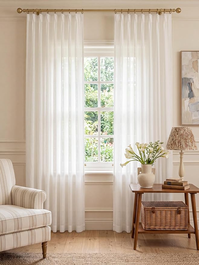 Liz Pinch Pleated Linen Curtains 92 Inches Long, Light Filtering Curtains for Living Room, Farmhouse Window Curtains for Bedroom, Modern Drapes with Hooks and Rings, White, 2 Panels Set