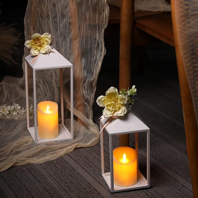 2 Pcs Wedding Lanterns Decorative with Candles White Farmhouse Lanterns | Glass-free Metal Decorative Candle Lanterns for Wedding, Fireplace, Table Centerpiece, Indoor, Room, Valentine Decor