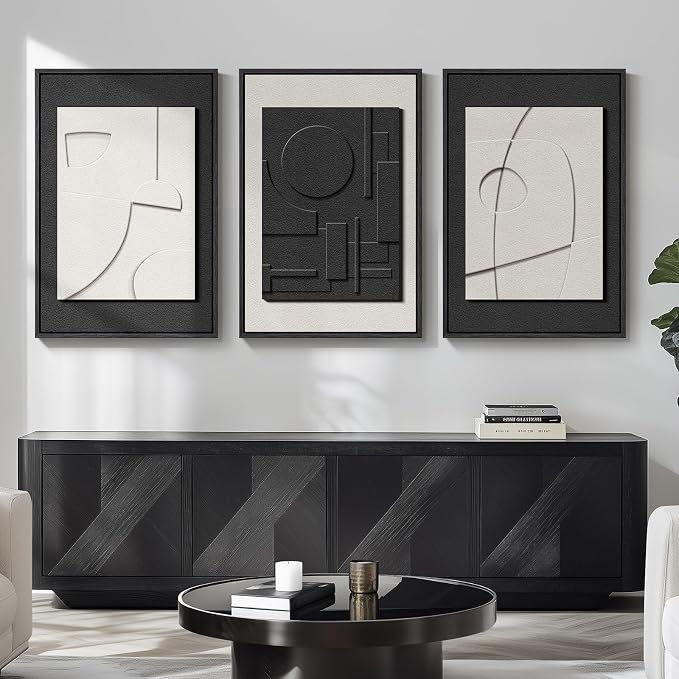 Large Framed Black and White Modern 3D Abstract Wall Art for Living Room | Solid wood frame, Textured paintings, 3 piece 24x36 big size artwork, Minimalist pictures wall decor for bedroom or office