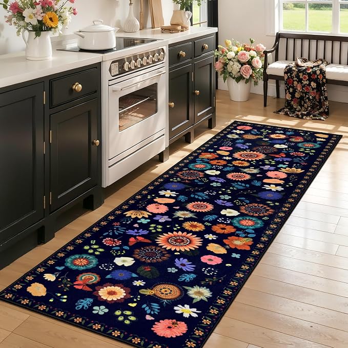 Ciicool 2x6 Runner Rug Non Slip，Floral Washable Kitchen Rugs for Hallways | Entryway Rug for Laundry Bedroom Bathroom Bedside,Boho Soft Low Pile Carpet Indoor Floor Mat Decor