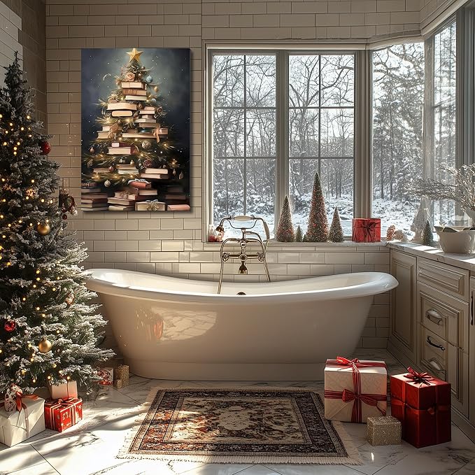 Creative Christmas Book Tree Pictures 8x12, Modern Framed Canvas Wall Art for Living Room Wall Decor, Winter Cottagecore Paintings for Bedroom Bathroom, Xmas Holiday Decorations Gifts
