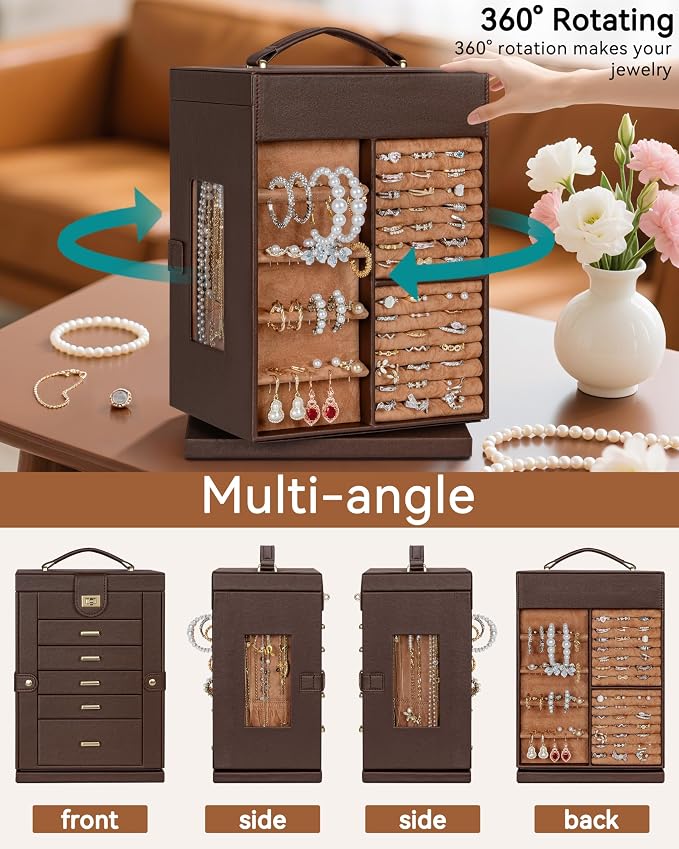 AKOZLIN 6-Tier Jewelry Box Organizer Functional 5 Drawers Leather Jewelry Storage Case for Women Girls Ring Necklace Earring Bracelet Holder Organizer with Mirror Brown 360° Rotating