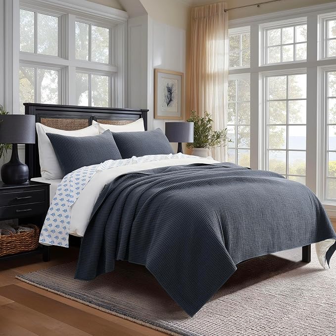 EVERGRACEHOME Cotton Ribbed Matelassé Coverlet Set, Queen, Midnight Blue | Soft Lightweight Bedspread, 3 Pieces, Breathable Cozy Oversized Quilted Bedding Set for All Seasons, with 2 Pillow Shams