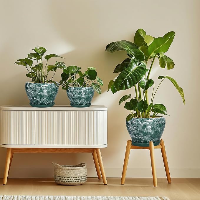 8 Inch Planter Indoor, Ceramic Plant Pots, Bubble Green | Round Flower Pots with Drainage Hole and Saucer, Modern Planter for Indoor Plants, Apartment Decor, Gifts for Plant Lovers