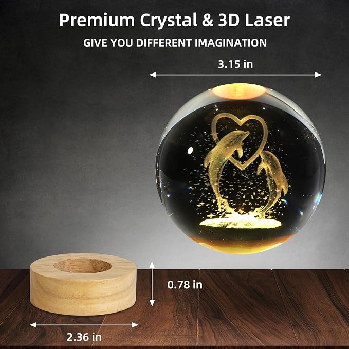 3D Dolphin Crystal Ball Night Light, Upgraded 3.15 Inch Glass Ball Lamp with 16 Color LED Wooden Base, Dolphin Decor Birthday Holiday Christmas Gifts for Boys Girls Friends