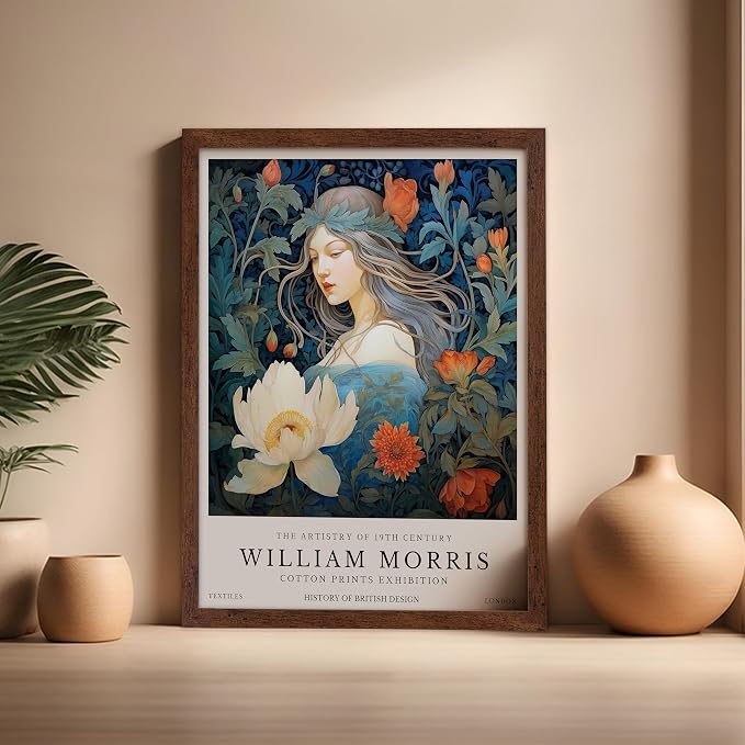 Monem Art William Morris Poster - Woman and Flowers Art Print - Lady Art - Floral Design - Flower Illustration - Aesthetic Bedroom or Living Room Decor - 16x20 Brown Framed