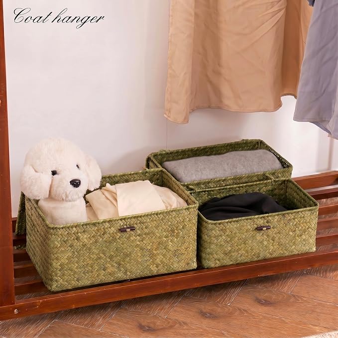 Nonam Seagrass Storage Basket with Lid, Set of 3, Dark Moss Green | Wicker Basket Container for Organizing, Boho Decorative Basket, Rectangular Household Storage Boxes for Home Organization