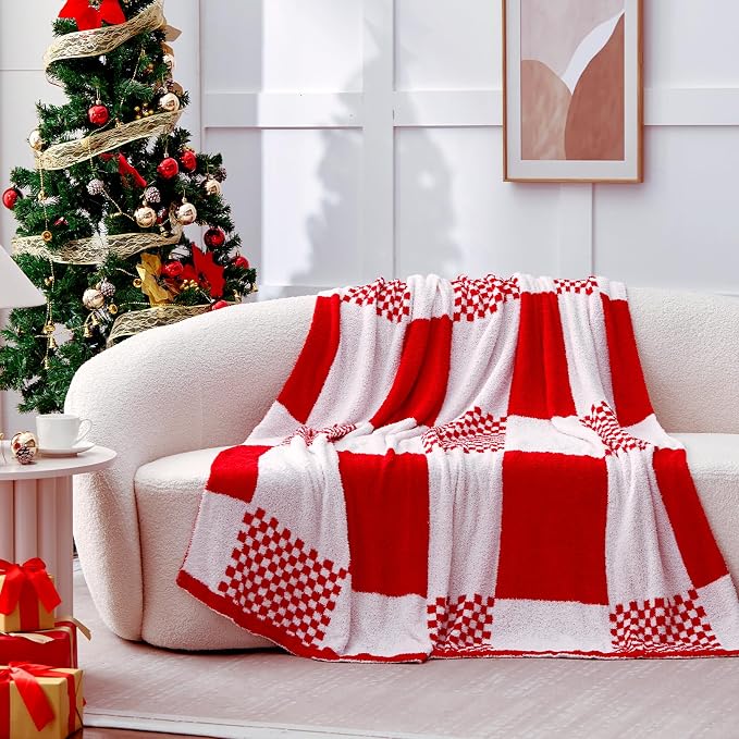 Red Checkered Throw Blankets for Christmas, Buffalo Plaid Throw Blanket Ultra Soft Warm Premium Microfiber Yarn Blanket for Couch, Reversible Cozy Knitted Blanket,Red White,50"x60"
