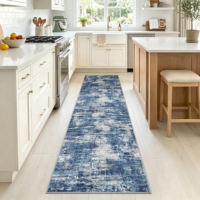 Lansny Abstract Washable 2x10 Runner Rug Runners for Hallways Non Slip | Blue;Thin Printed Faux Wool Entryway Runner Indoor;Hallway Runner Rug;Rubber Backed 10ft Floor Carpet Runners;Bedroom Runners