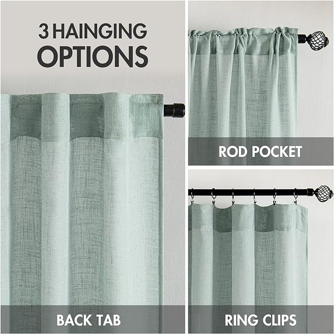 MIULEE Sea Green Linen Curtains 52x72 Inch for Bedroom Living Room 2 Panels | Soft Thick Linen Textured Window Drapes,Semi Sheer Light Filtering,Back Tab Rod Pocket,Burlap Look Aqua Decor