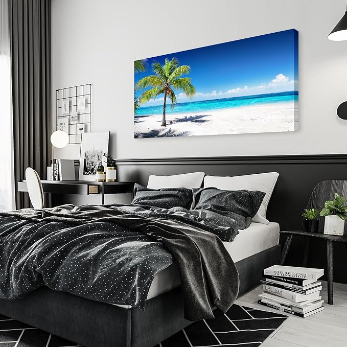 Baisuart-S03998 Large Canvas Wall Art Summer Ocean Waves Prints Coconut Trees on Sands Beach Seascape Painting Sea Nature Pictures Framed for Living Room Home Office Wall Decor Artwork