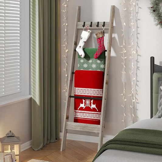 Hzuaneri Blanket Ladder Decorative Quilt Rack with 4 Removable Hooks | 5-Tier Farmhouse Ladder Holder Shelf Organizer for Living Room Bedroom Greige and Black BR02105B