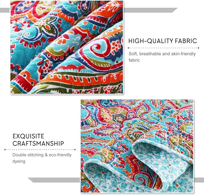 Travan 3-Piece Bedspread Quilt Set Oversized Reversible Quilted Bedding Cotton Coverlet Set with Shams, Gorgeous Floral Pattern, Queen Size
