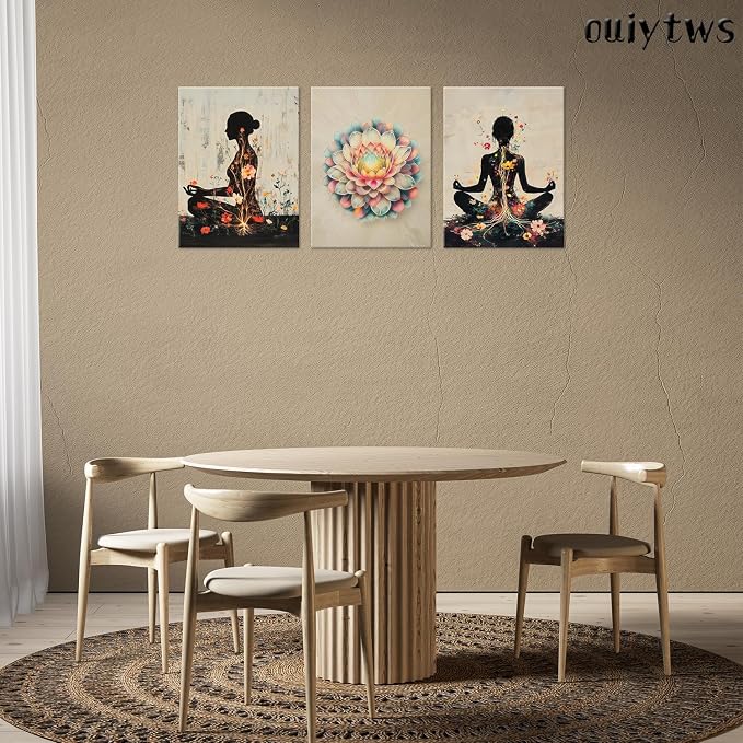 Framed yoga Zen Lotus Canvas Wall Art Set of 3, Meditation Decor 12x16in | Zen meditation wall art with lotus painting prints, floral poster design and Ready to Hang decor for bedroom,yoga room&office