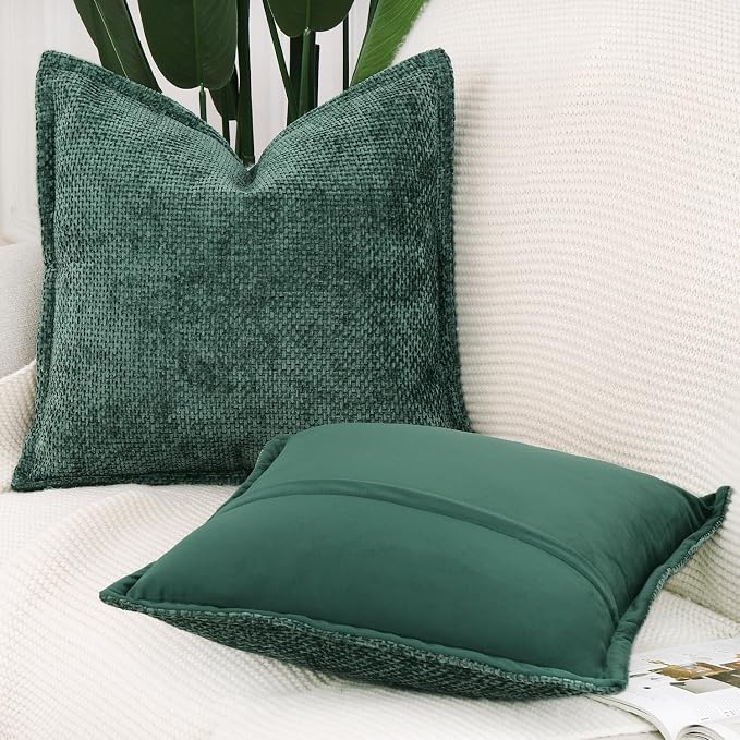 MADIZZ Decorative Chenille Velvet Throw Pillow Covers Set of 2 Soft Boho Textured Neutral Couch Throw Pillow for Bed Modern Farmhouse Home Decor for Sofa Livingroom Dark Green 18x18 Inch