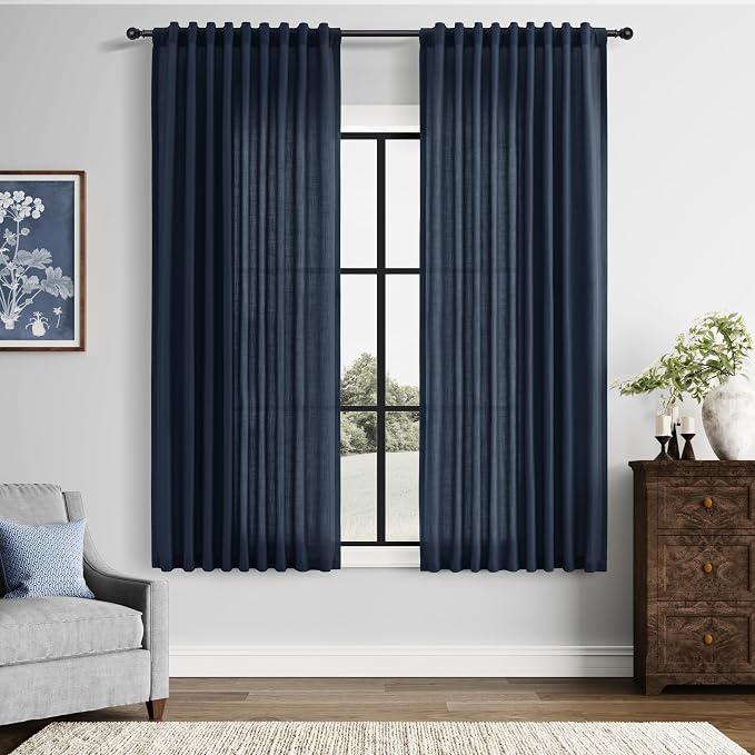 Linen Curtains 63 Inches Long for Living Room Semi Sheer Light Filtering Curtain Back Tab Rod Pocket Neutral Boho Modern Farmhouse Decor Window Drapes for Bedroom 52x63 2 Panels Navy Blue