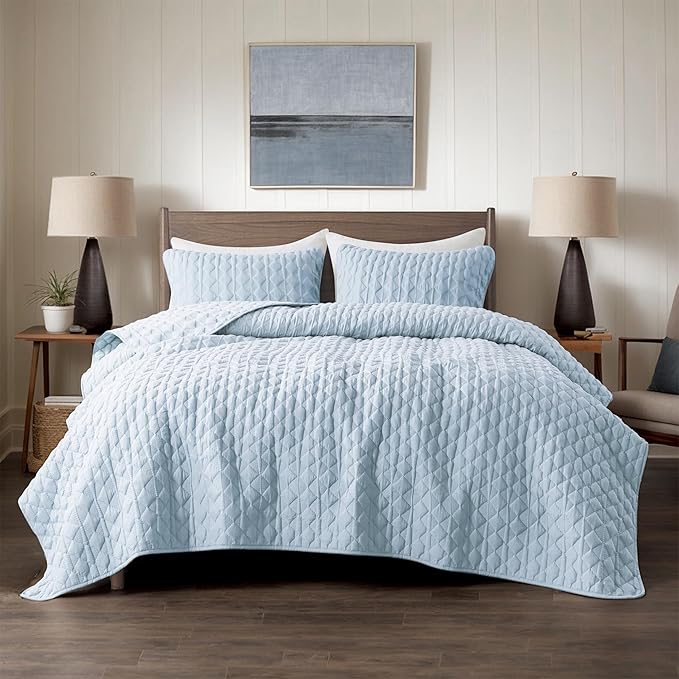 WDCOZY Light Blue Quilts Queen Size Bedding Set with 2 Pillow Shams, Lightweight Soft Full Bedspread Coverlet, Thin Comforter Bed Cover for All Season, 3 Pieces, 90x90 inches