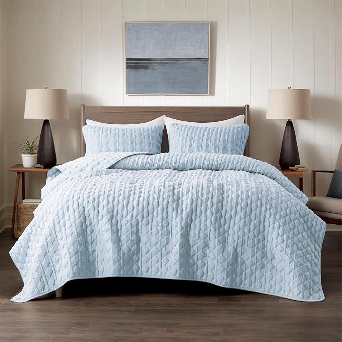 WDCOZY Light Blue Quilt King Size Bedding Set with 2 Pillow Shams, Lightweight Soft Bedspread Coverlet, Thin Comforter Bed Cover for All Season, 3 Pieces, 104x90 inches