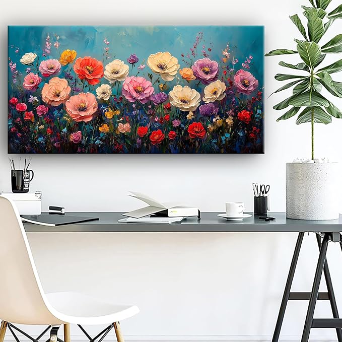 Vibrant Multicolor Flower Picture Print Canvas Wall Art Living Room Dining Room Office Study Bedroom Wall Decor Wall Art Prints Modern Style Artwork Waterproof Ready to Hang - 20x40 Inch
