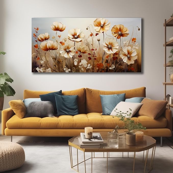 DNIEOTU Large Flower Wall Art for Living Room, Floral Canvas Wall-Decor for Bedroom, Beige and Brown Picture Prints for Hallway Office, Size 59 x 29 Inches