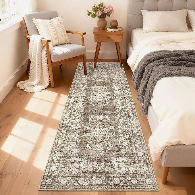 GarveeHome Floral Runner Rug 2x6 for Bedroom Vintage Throw Floor Cover | Washable Boho Flower Bordered Rugs Non-Slip Low Pile Botanical Hallway Accent Mats Floral Rug for Kitchen Entryway Brown