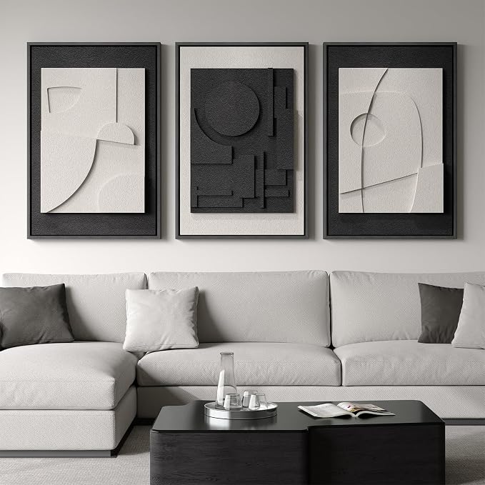 Large Framed Black and White Modern 3D Abstract Wall Art for Living Room | Solid wood frame, Textured paintings, 3 piece 24x36 big size artwork, Minimalist pictures wall decor for bedroom or office