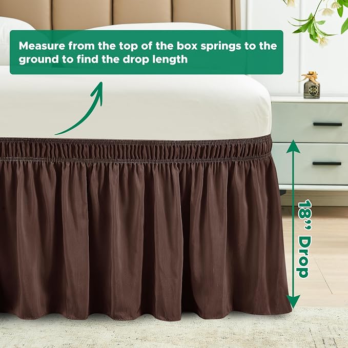 Wrap Around Queen Size Bed Skirt 18 Inch Drop-Elastic Dust Ruffle Brown | Adjustable Pleated Bedskirt-Easy Fit Wrinkle Resistant Washable Hotel Quality Fabric Bed Skirting-Master Guest Bedroom Rental